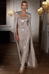Devora | Silver Sequin Crew-Neck Maxi Dress With Cape Sleeves