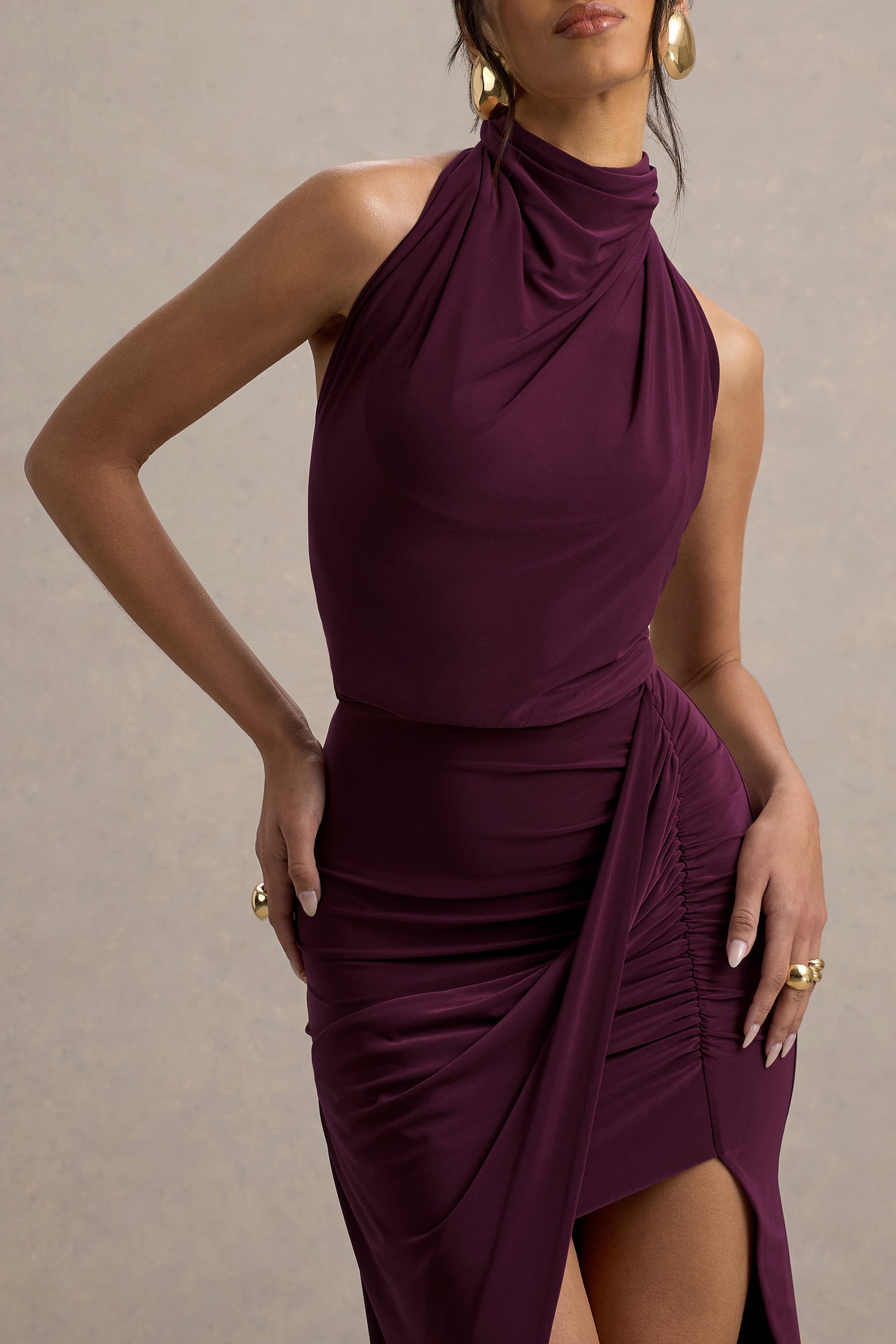 Hayden | Burgundy High-Neck Draped Split Maxi Dress