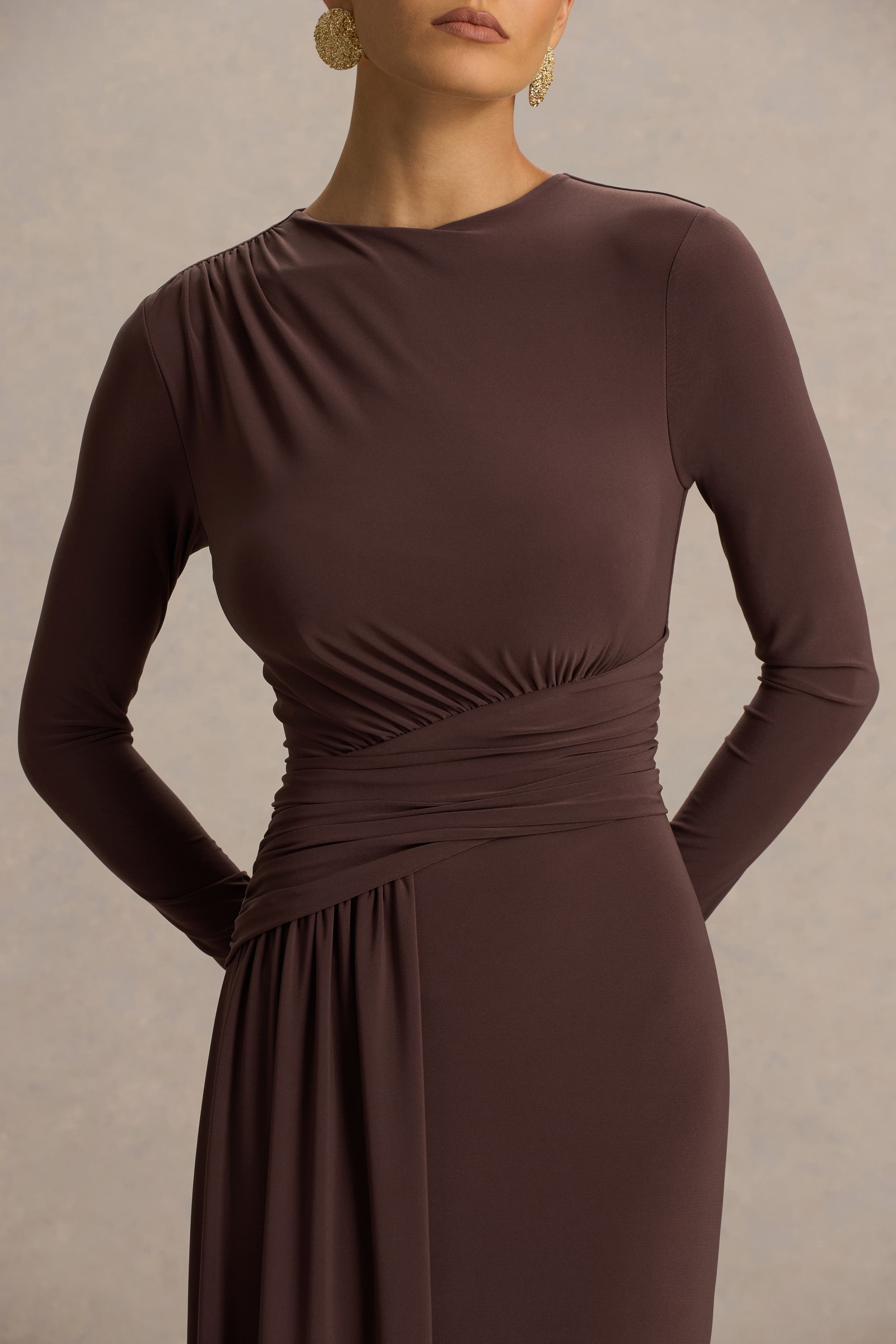 Virelle | Brown Boat-Neck Maxi Dress With Wrap Detail And Sash