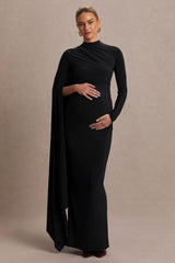 Lavinia | Black High-Neck Maternity Maxi Dress With Cape-Sleeve