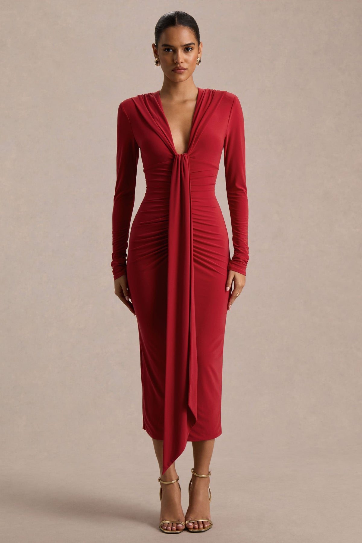 Ivara | Red Plunge-Neck Maxi Dress With Ruched Detailing And Sash