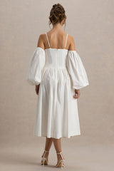 Macie | Cream Sweetheart Midi Dress With Balloon Sleeves