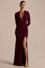 Command | Burgundy Plunge-Neck Maxi Dress With Front-High Split