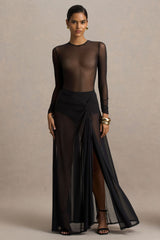 Koami | Black Mesh Long-Sleeve Ruched Maxi Dress With High Split