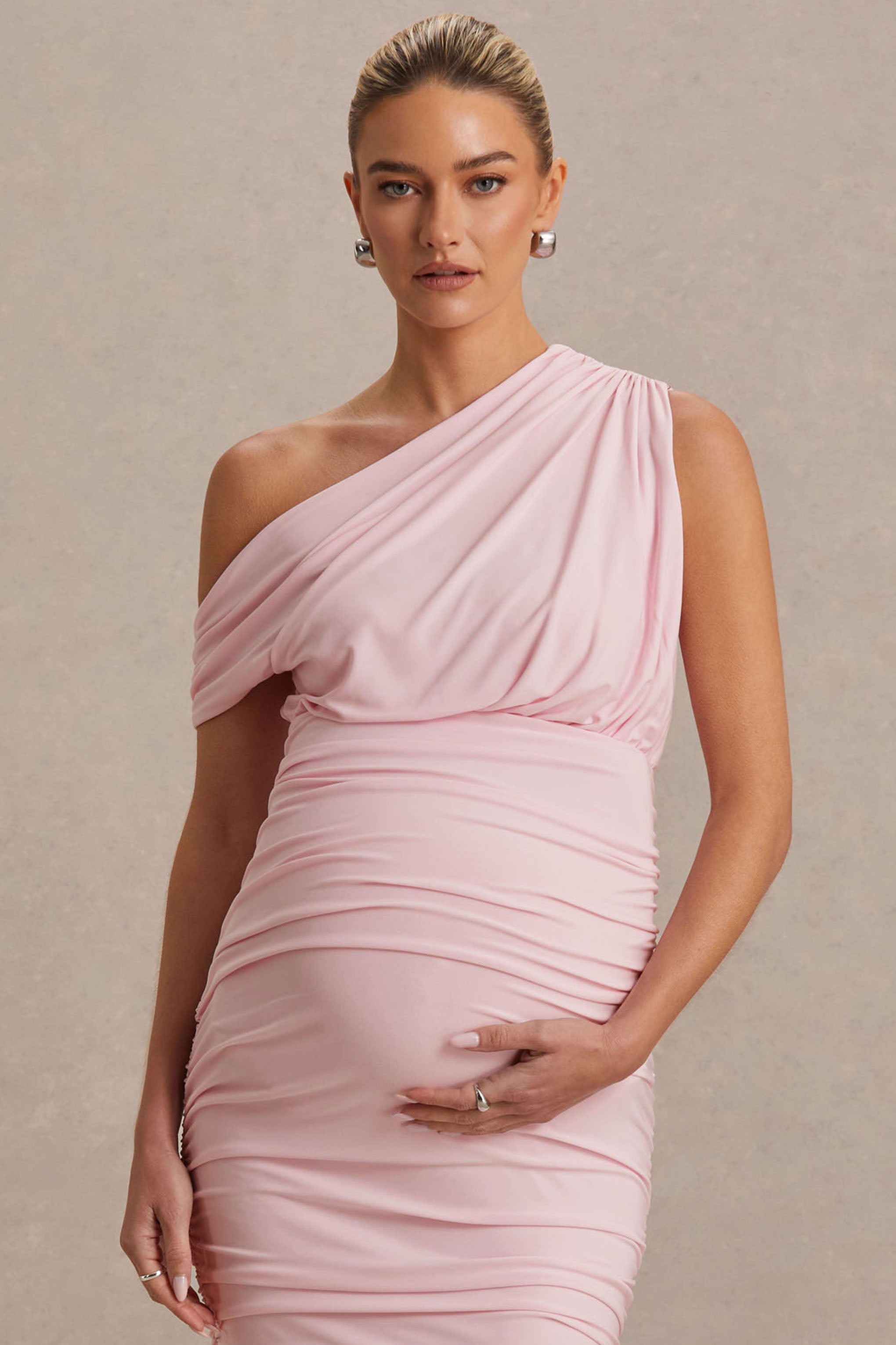 Linnea | Blush Pink Asymmetric-Neck Maternity Midi Dress