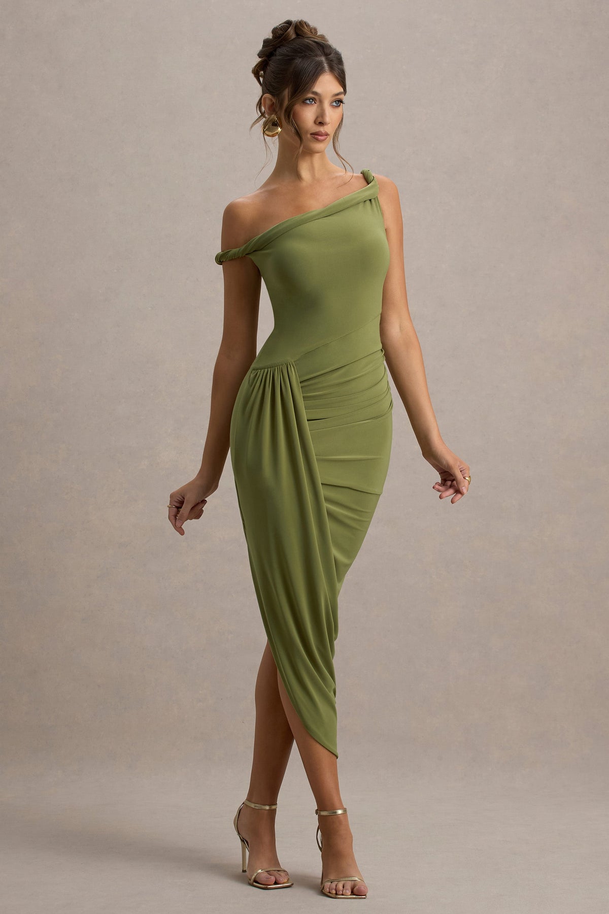 Angelique | Olive Green Twisted Asymmetric Maxi Dress