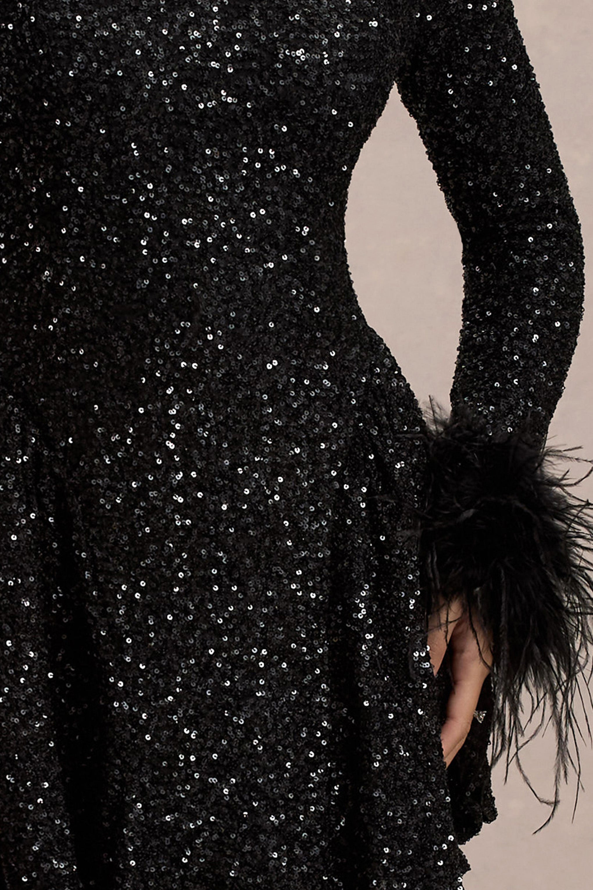 Lopez | Black Sequin Plunge-Neck Feather Trim Mini Dress