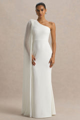 Athens | White Asymmetric-Neck Maxi Dress With Cape Sleeve Detail