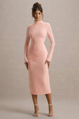 Cassandra | Pink High-Neck Long-Sleeve Midi Dress