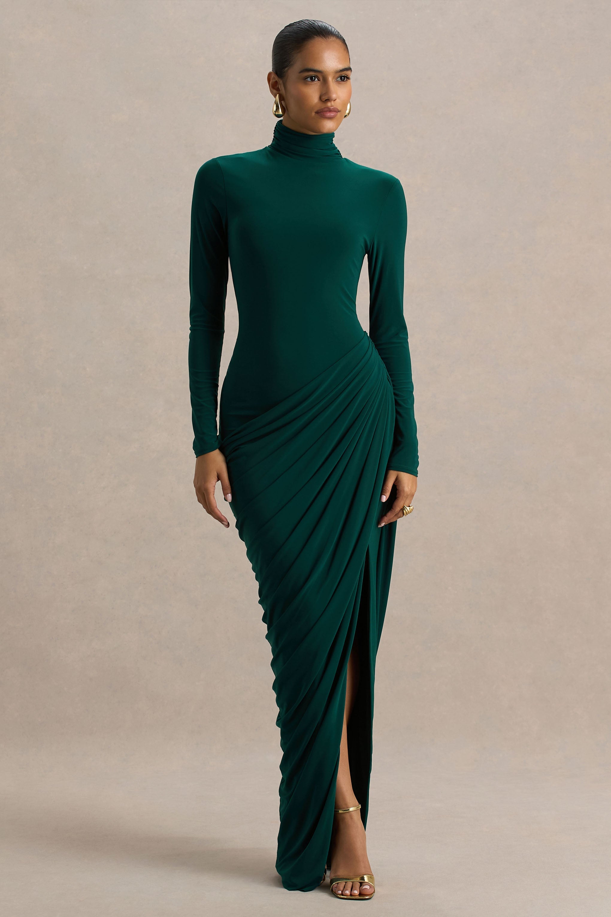 Betsy | Bottle Green High-Neck Maxi Dress With Front Split And Ruched Detailing