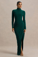Betsy | Bottle Green High-Neck Maxi Dress With Front Split And Ruched Detailing
