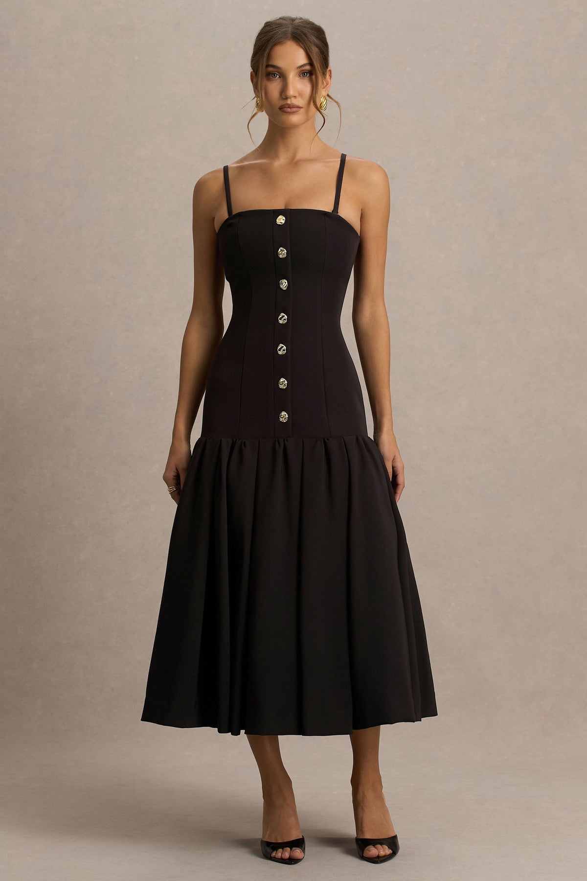 Briella | Black Bandeau Midi Dress With Gold-Button Detailing