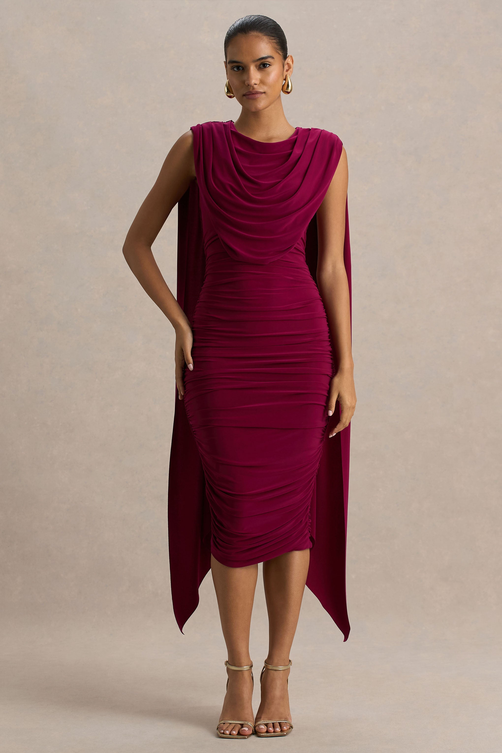 Wanderer | Burgundy Crew-Neck Midi Dress With Draped and Ruched Detailing