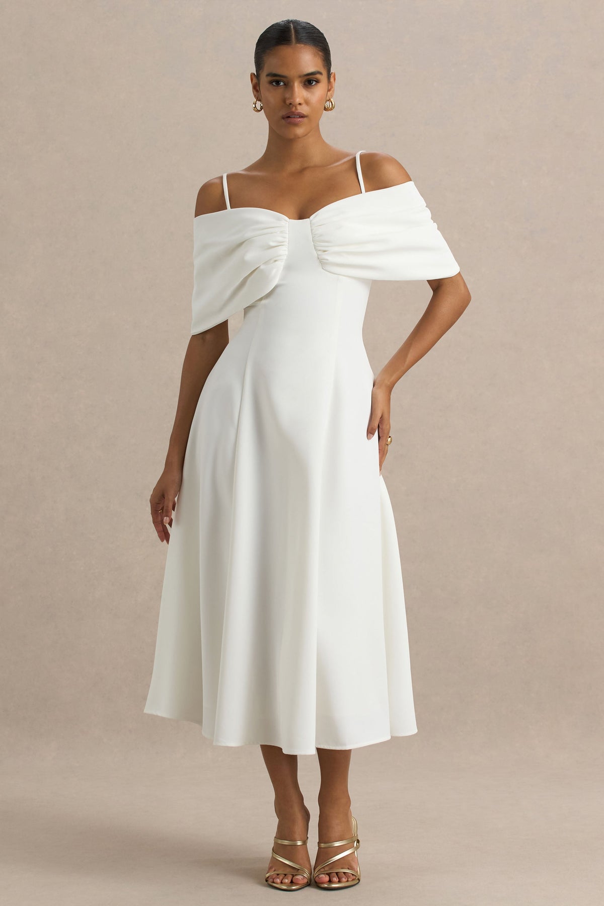 Hettie | White Short-Sleeve Bardot Midi Dress With Bow Detail