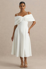 Hettie | White Short-Sleeve Bardot Midi Dress With Bow Detail