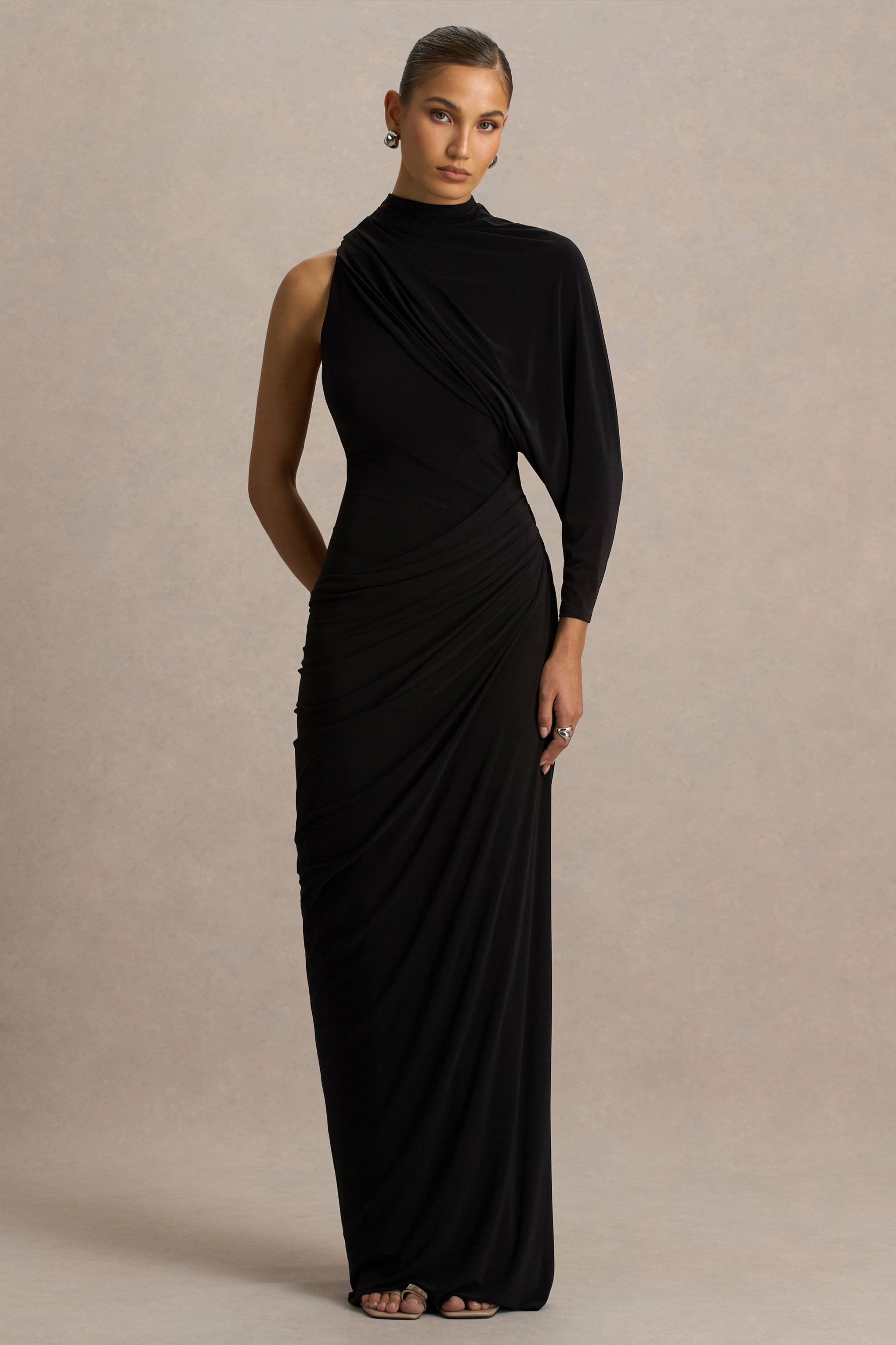 Aphra | Black High-Neck Maxi Dress With Cape-Sleeve