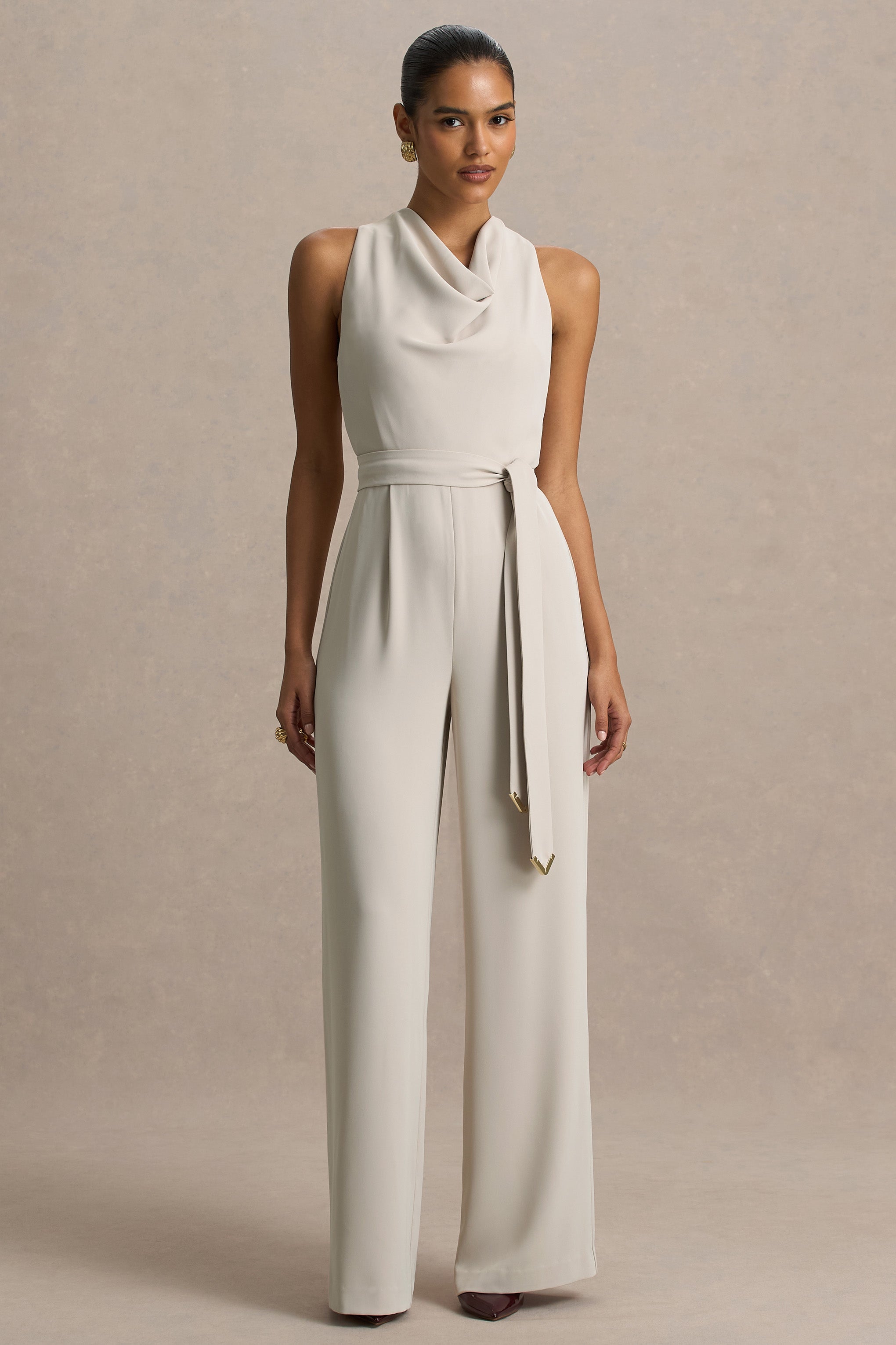 Corina | Nude Cowl-Neck Jumpsuit With Tie-Detail