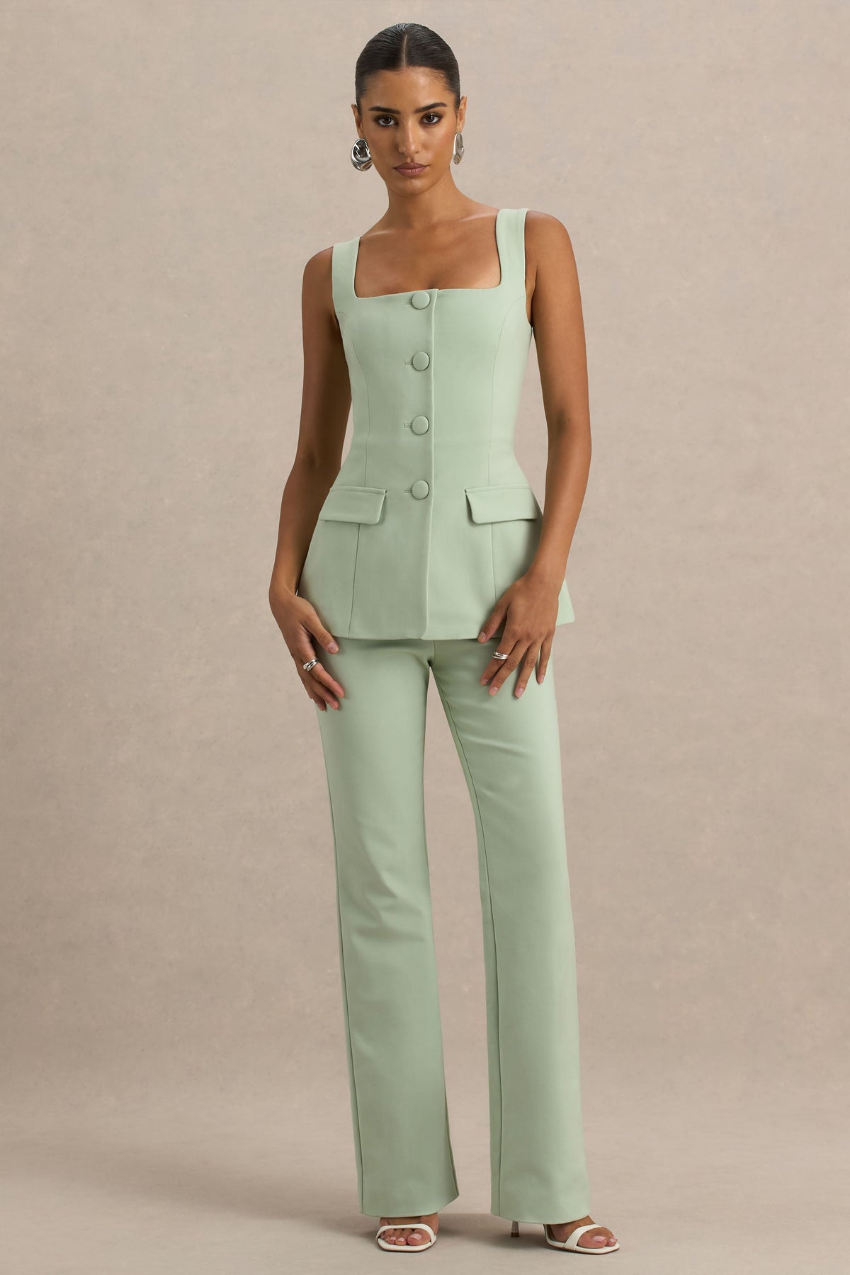 Aceline | Light Green Square-Neck Tailored Jumpsuit