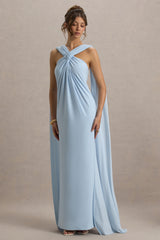 Ariana | Powder Blue Cross-Neck Maxi Dress With Cape