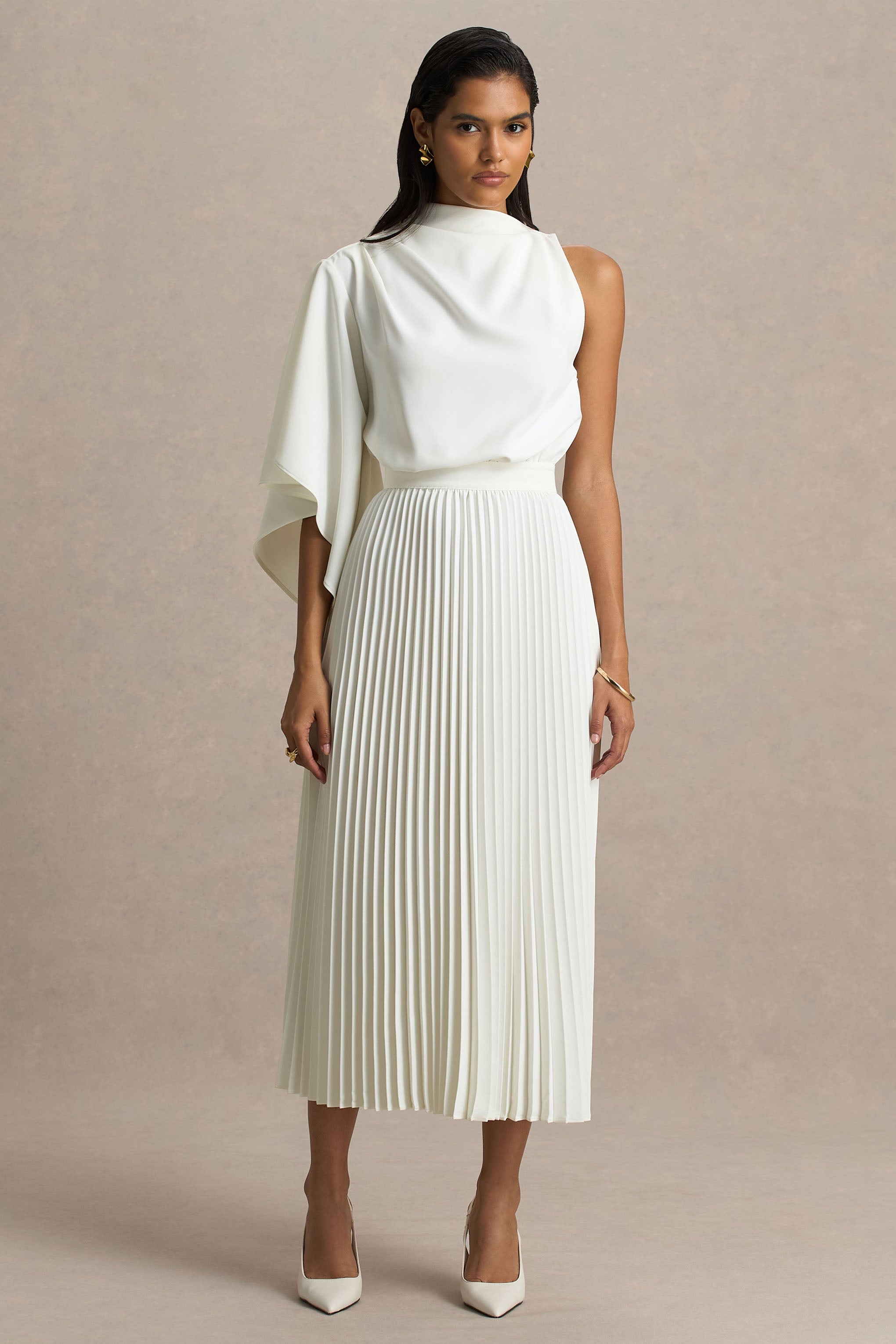 Jimena | Cream High-Neck Midi Dress With One-Long Sleeve And Pleated Detailing