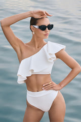 Skiathos | White One-Shoulder Ruffled Bikini Top
