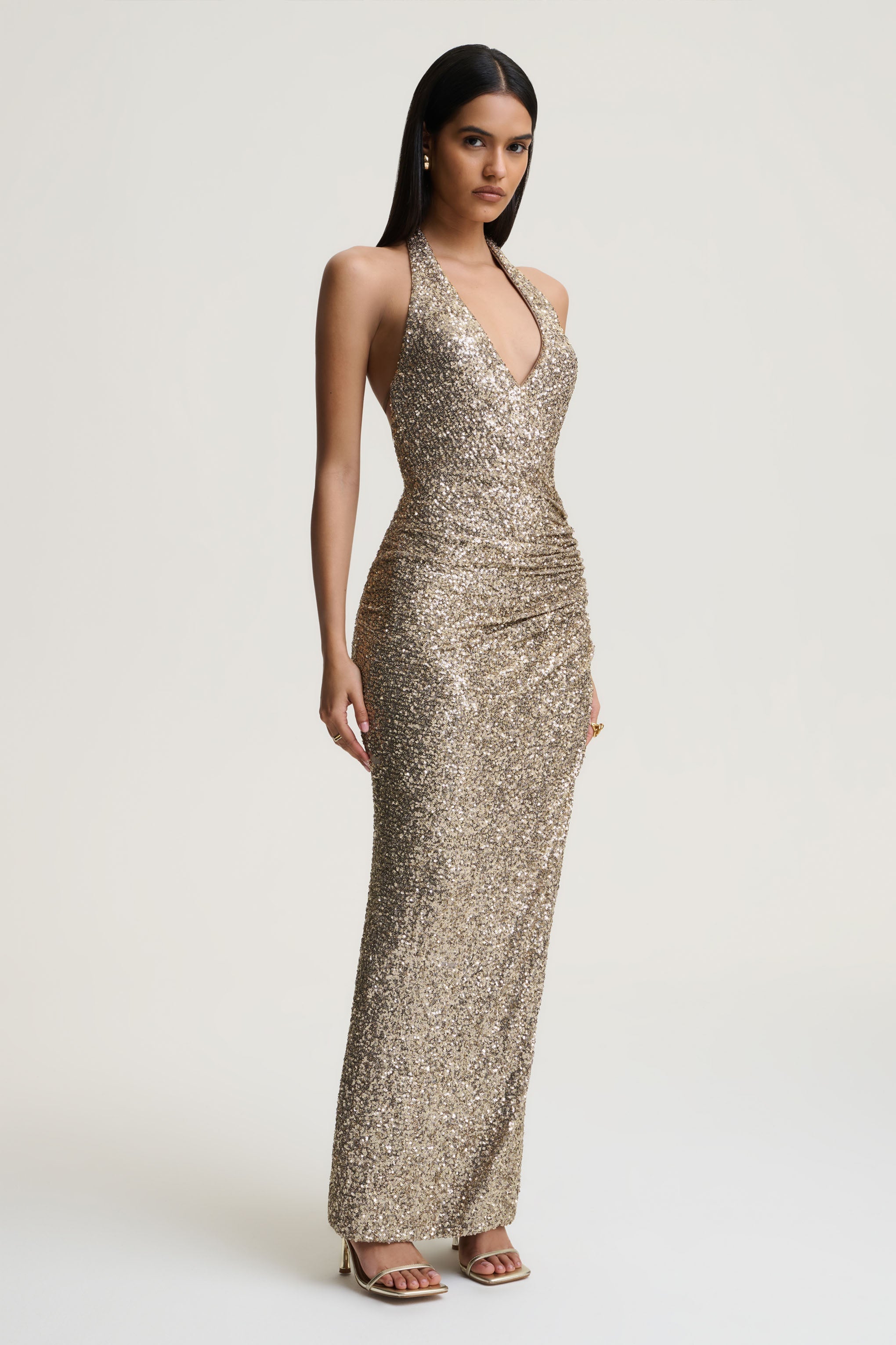 Gio | Champagne Sequin Plunge-Neck Wrap Maxi Dress With Ruched Detailing