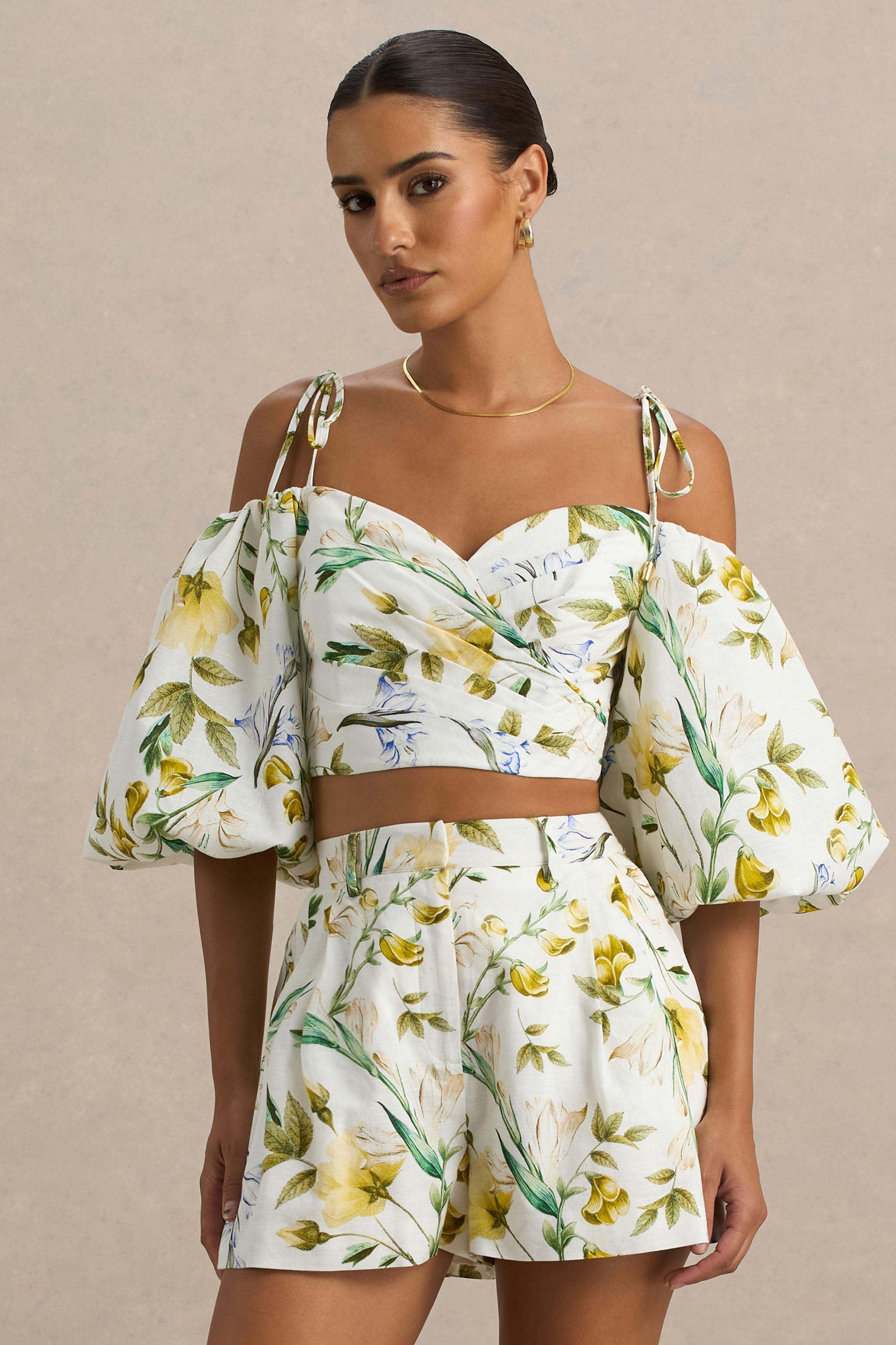 Amberly | White Linen Botanical Print Plunge-Neck Ruffled Crop Top