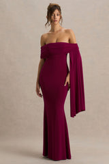 Saffina | Burgundy Bardot-Neck Maxi Dress With Sash Detail