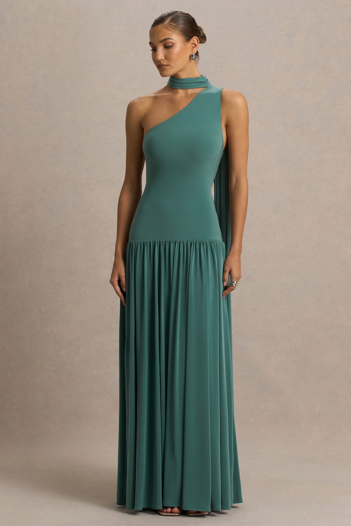 Freesia | Teal Asymmetric-Neck Maxi Dress With Scarf-Detail