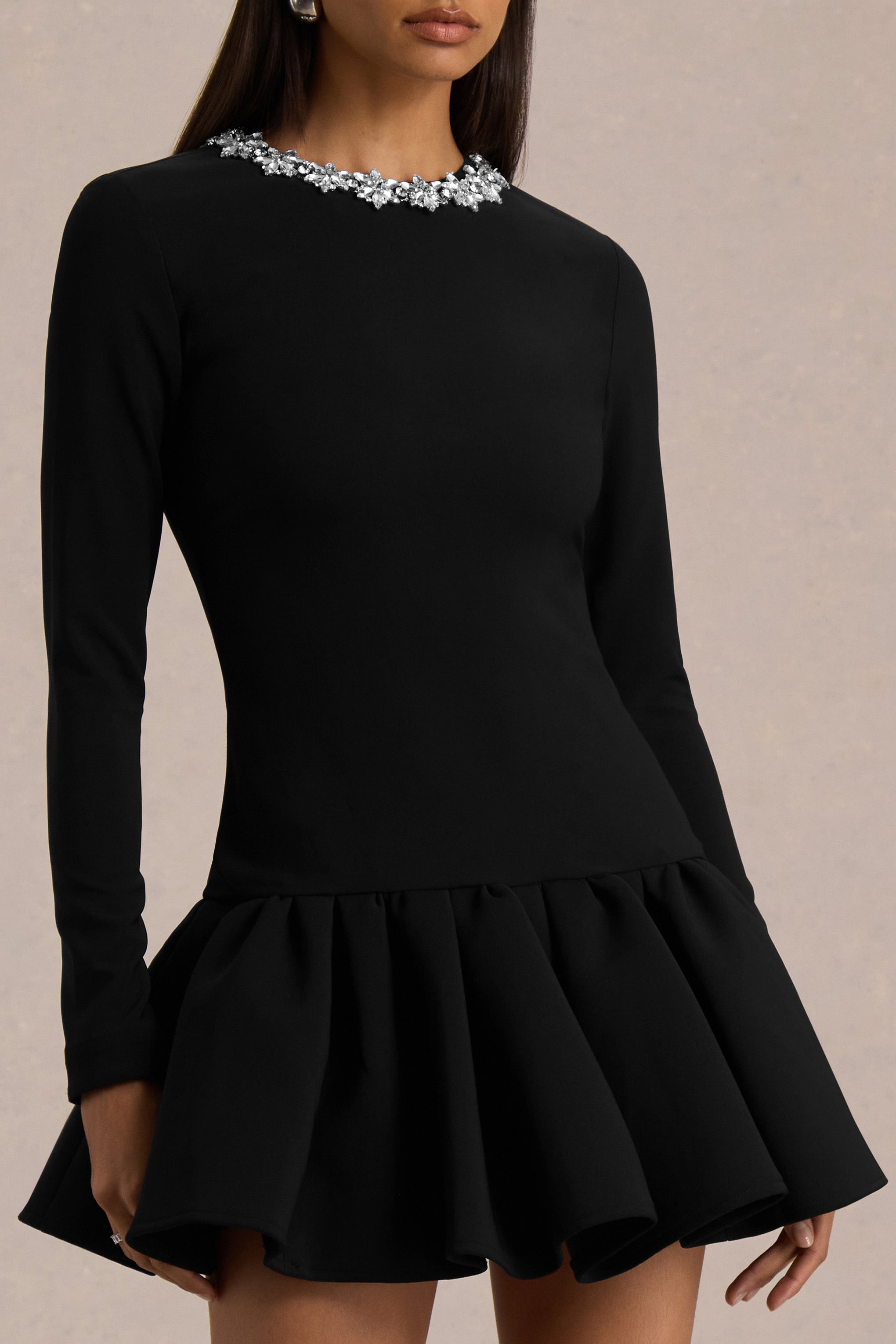 My Wish | Black Embellished Crew-Neck Mini Dress With Drop-Waist