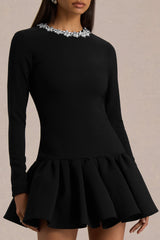 My Wish | Black Embellished Crew-Neck Mini Dress With Drop-Waist