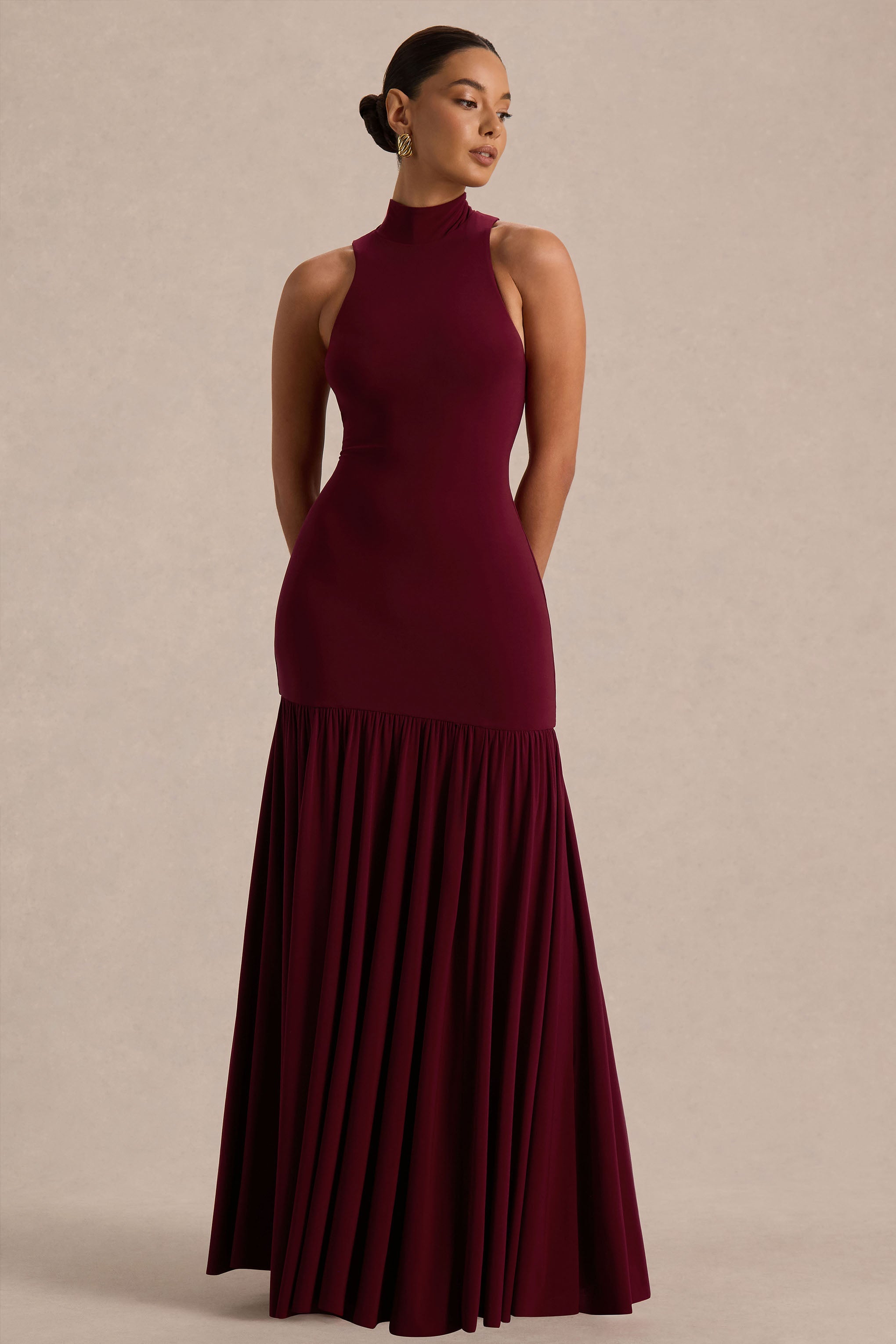 Tasmin | Burgundy High-Neck Maxi Dress With Drop-Waist