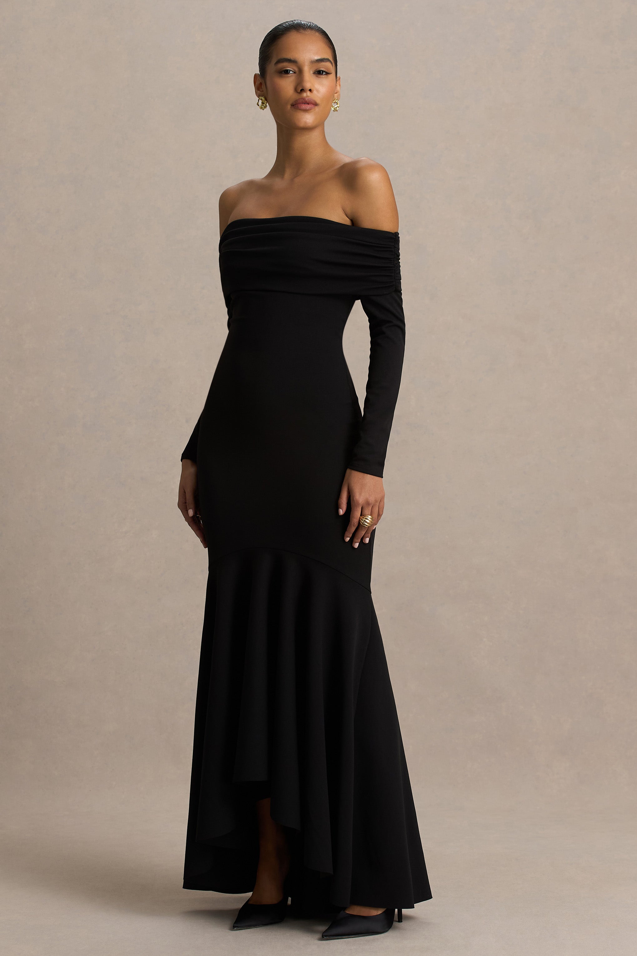 Everlasting | Black Bardot-Neck Maxi Dress With Pleated Detailing