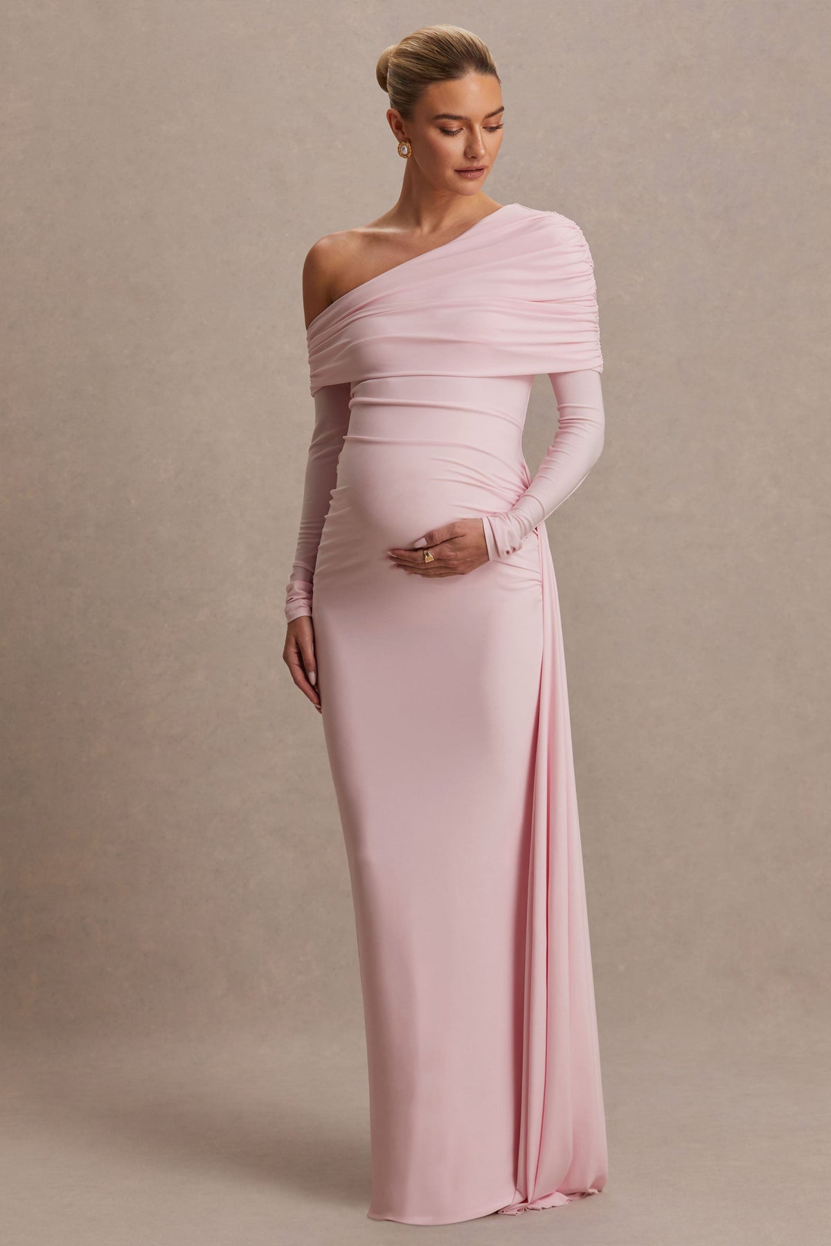 Amara | Blush Pink Asymmetric-Neck Maxi Dress With Sash Detail