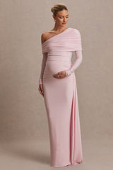 Amara | Blush Pink Asymmetric-Neck Maxi Dress With Sash Detail