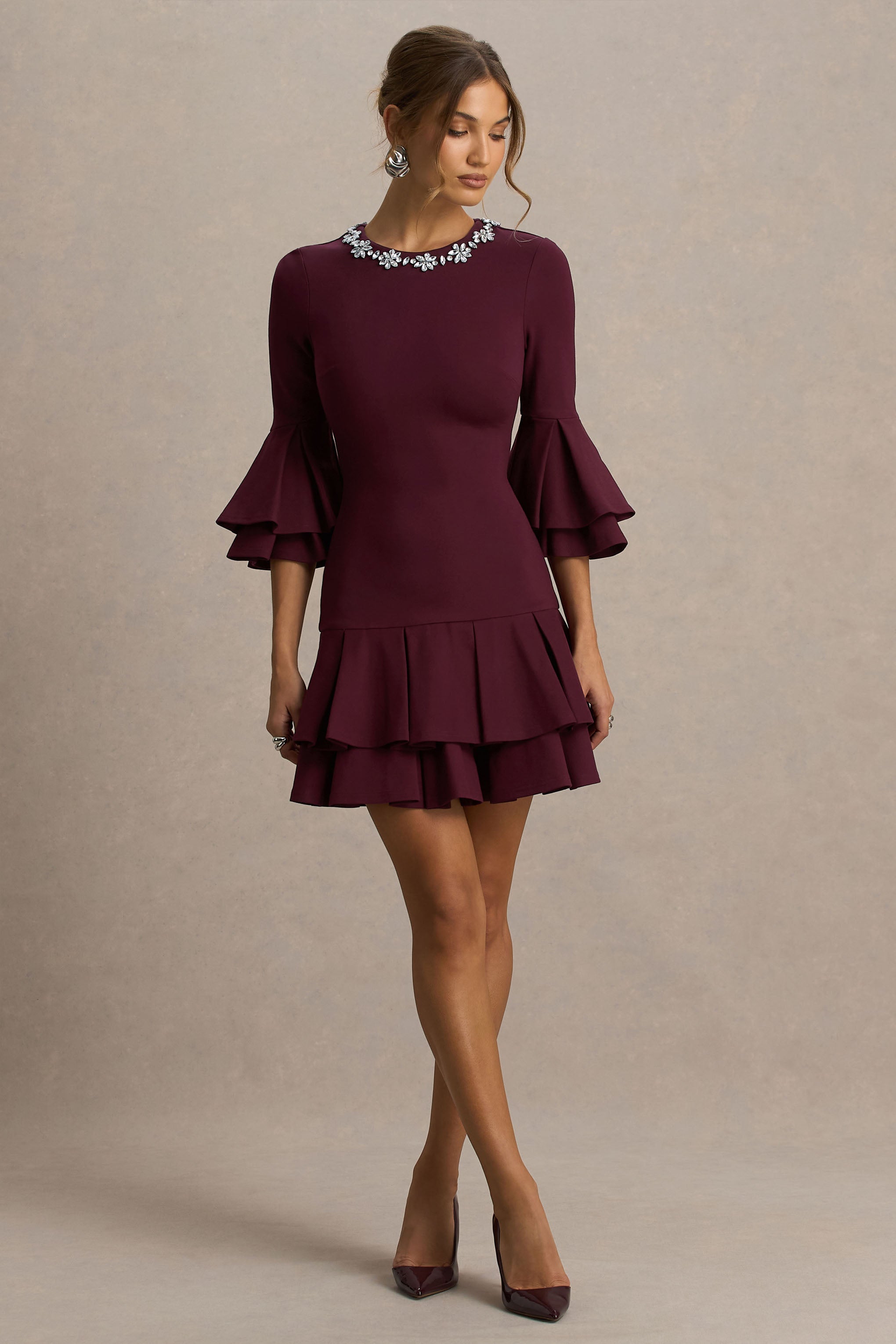 Mirna | Burgundy Crew-Neck Mini Dress With Bell Sleeves And Ruffled Detailing