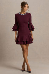 Mirna | Burgundy Crew-Neck Mini Dress With Bell Sleeves And Ruffled Detailing