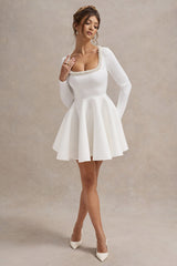 Wilder | White Embellished Square-Neck Long-Sleeve Skater Mini Dress