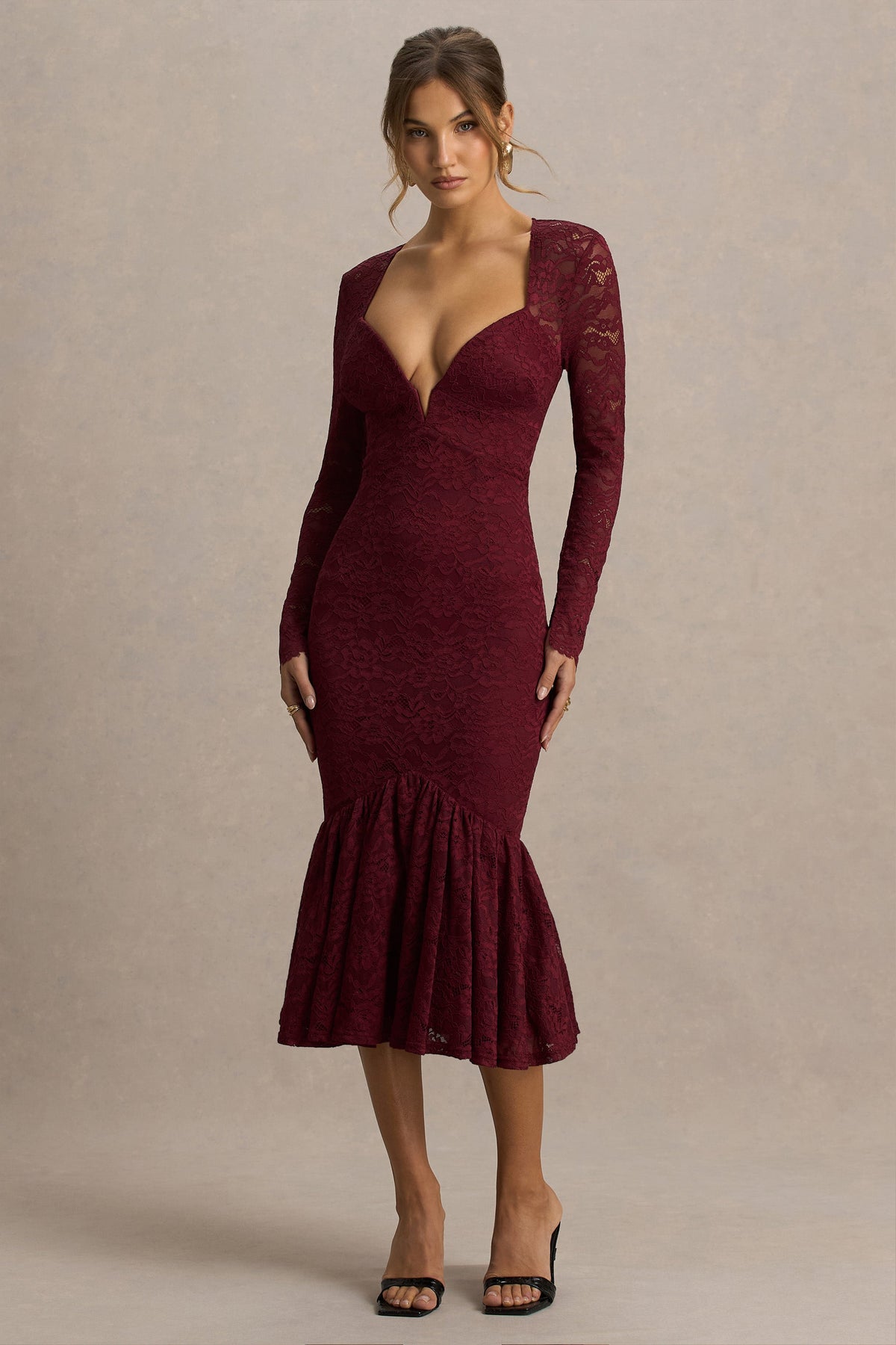 Camilly | Burgundy Lace Plunge-Neck Mermaid Midi Dress