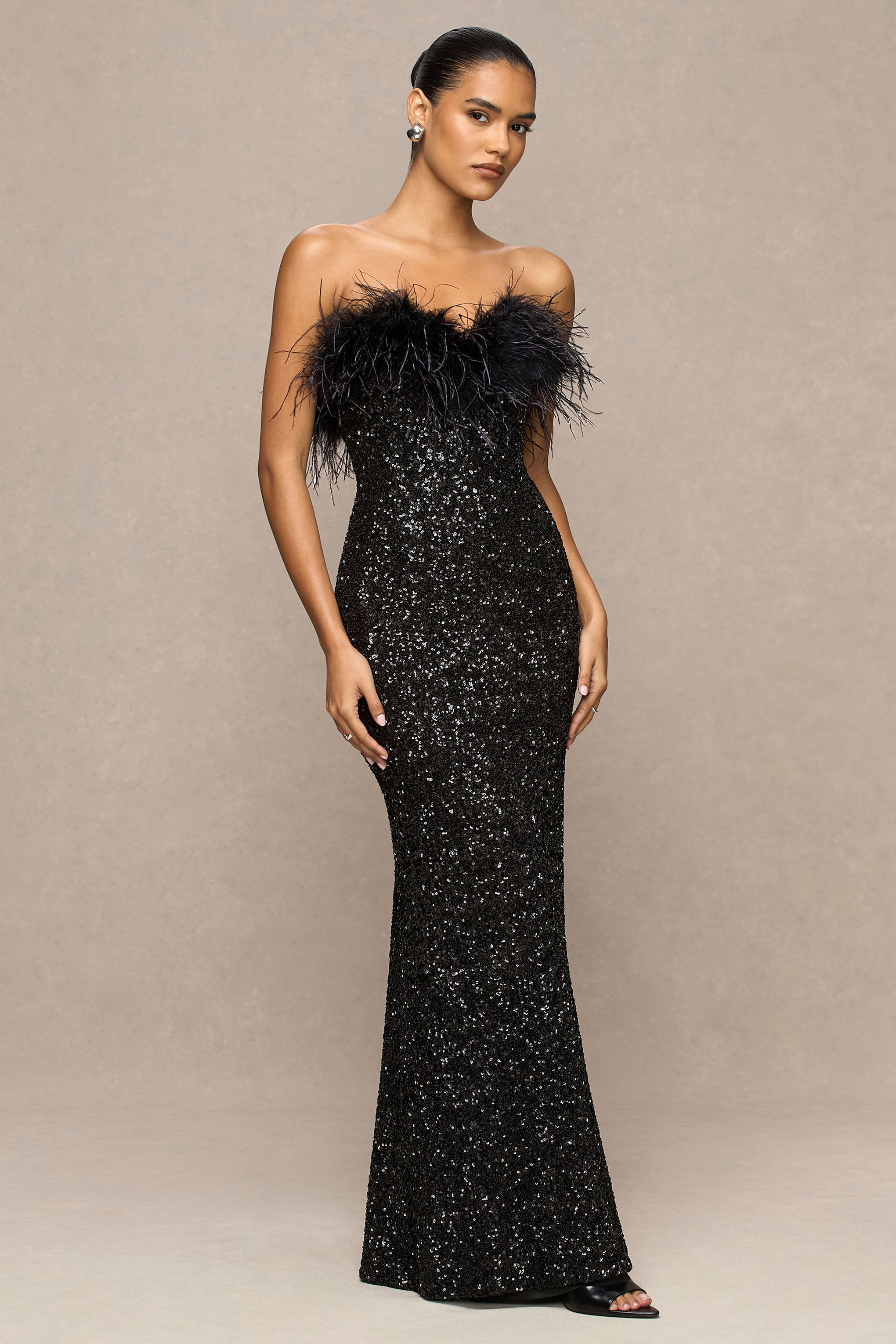 Daze | Black Sequin Bandeau Maxi Dress With Feather-Trim