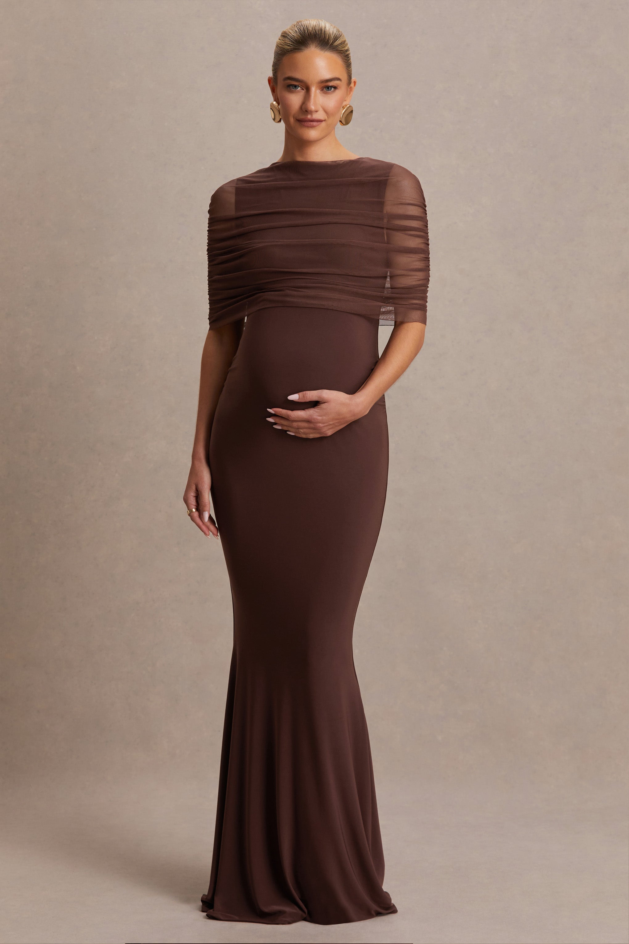 Zaria | Brown Crew-Neck Maternity Maxi Dress With Cape-Overlay