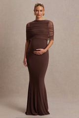 Zaria | Brown Crew-Neck Maternity Maxi Dress With Cape-Overlay