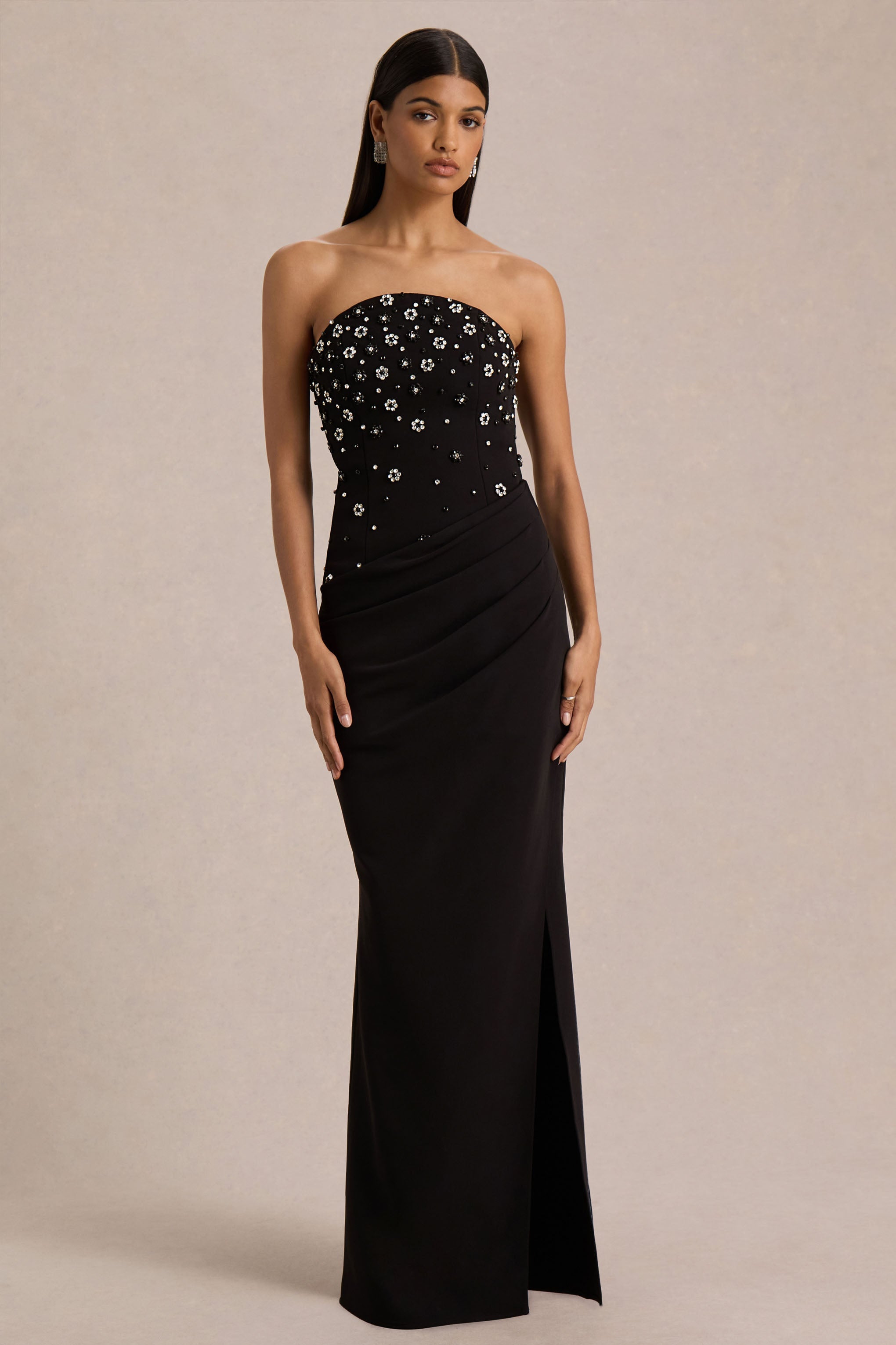 Saphira | Black Hand-Embellished Bandeau-Neck Maxi Dress