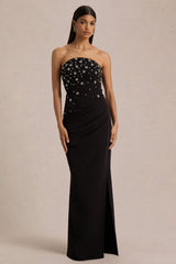 Saphira | Black Hand-Embellished Bandeau-Neck Maxi Dress