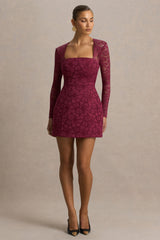 Bijou | Burgundy Square-Neck Lace Long-Sleeve Mini Dress