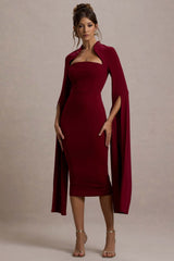 Linden | Berry Bodycon Cape-Sleeve Midi Dress