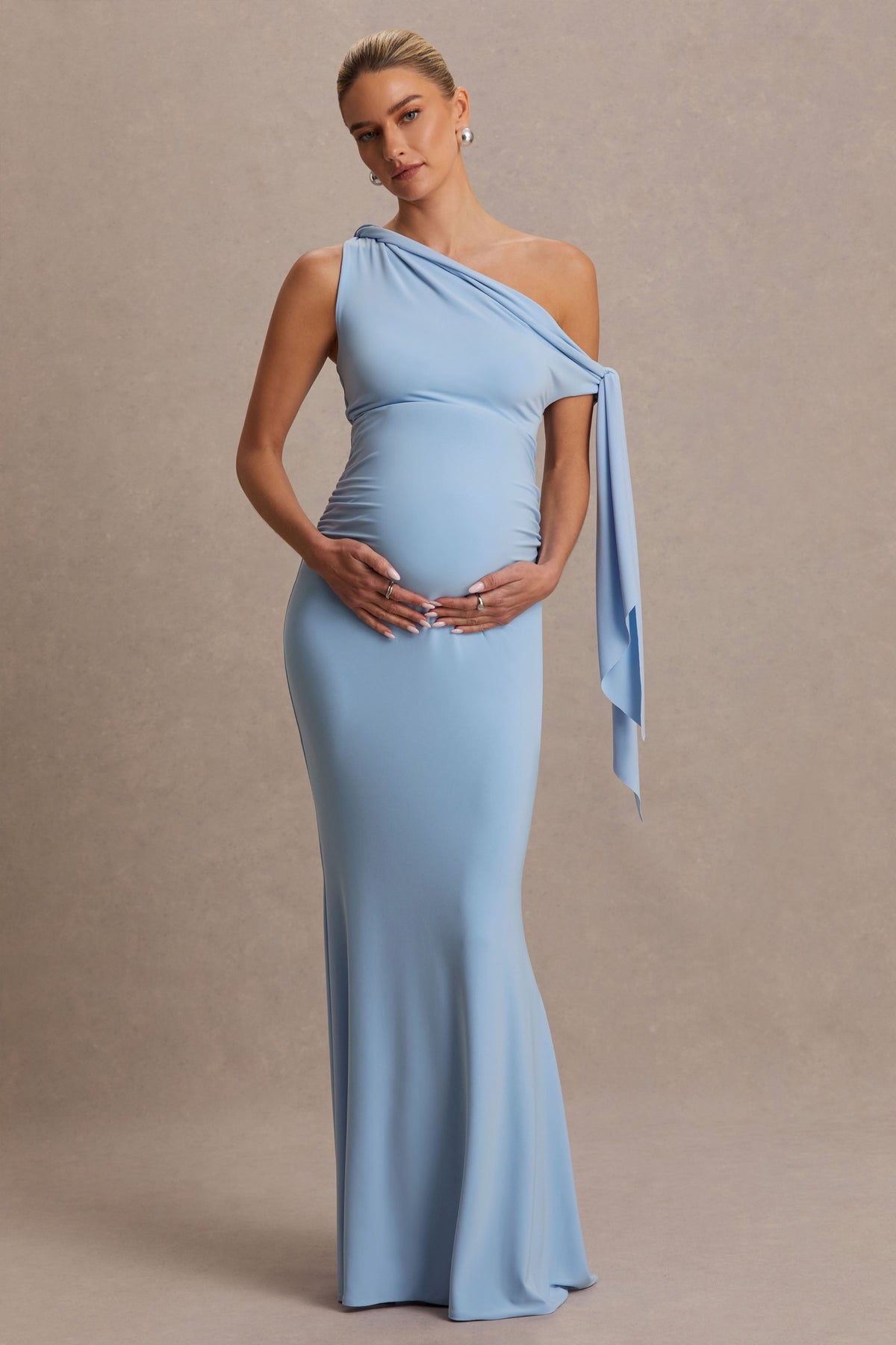 Orielle | Powder Blue Asymmetric-Neck Maternity Maxi Dress With Knot-Sleeve And Sash