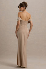 Annie | Champagne Satin Bardot Maxi Dress With Split Wrap Skirt