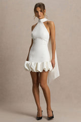 Geneve | White Halter-Neck Mini Dress With Ruffled Trim