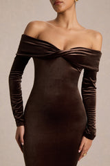 Compliment | Brown Velvet Bardot Midi Dress